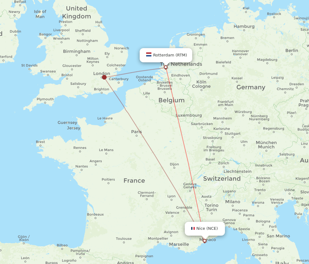 RTM to NCE flights and routes map