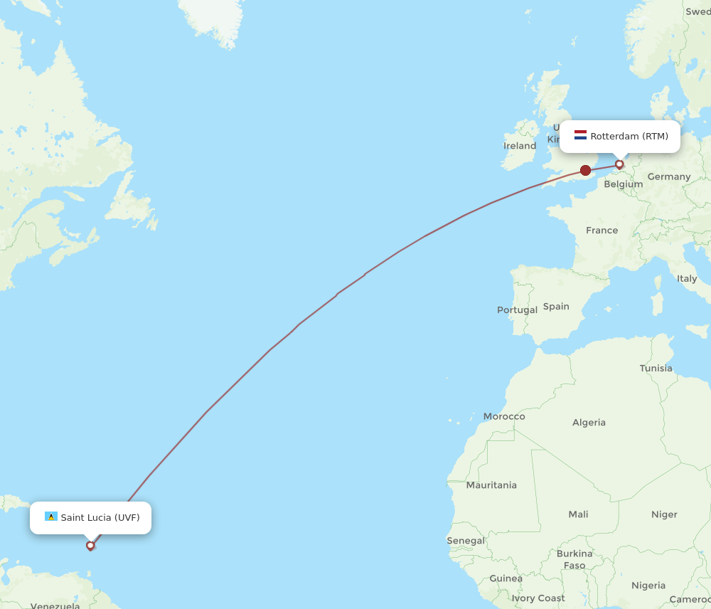 Rotterdam - Saint Lucia route map and flight paths
