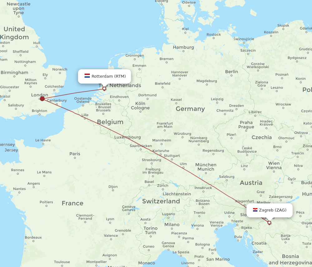 Zagreb - Rotterdam route map and flight paths