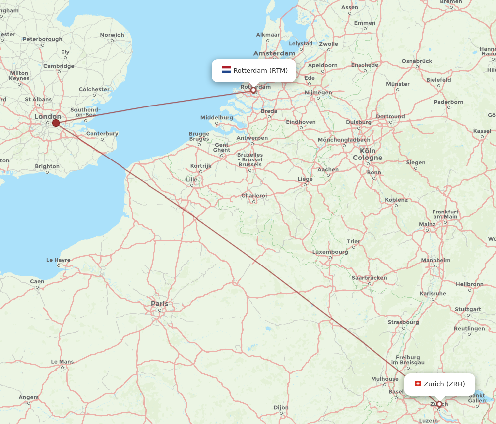 ZRH to RTM flights and routes map