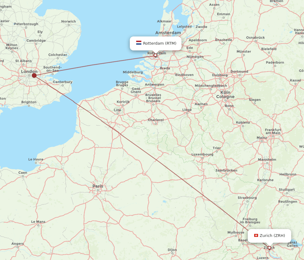 Zurich - Rotterdam route map and flight paths