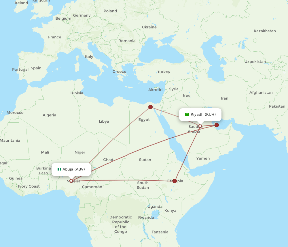 RUH to ABV flights and routes map