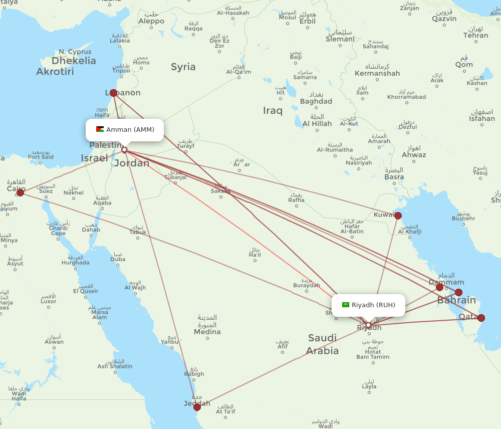 RUH to AMM flights and routes map