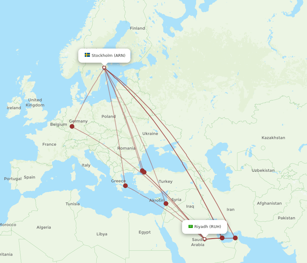 RUH to ARN flights and routes map