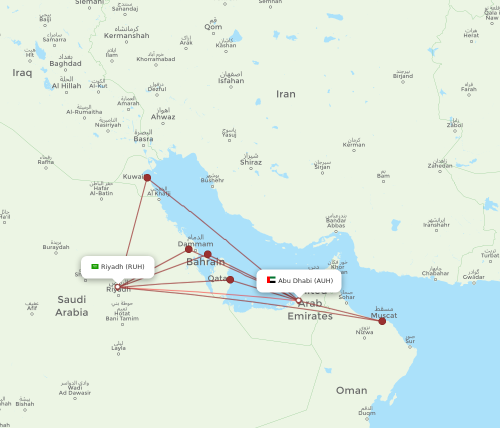RUH to AUH flights and routes map