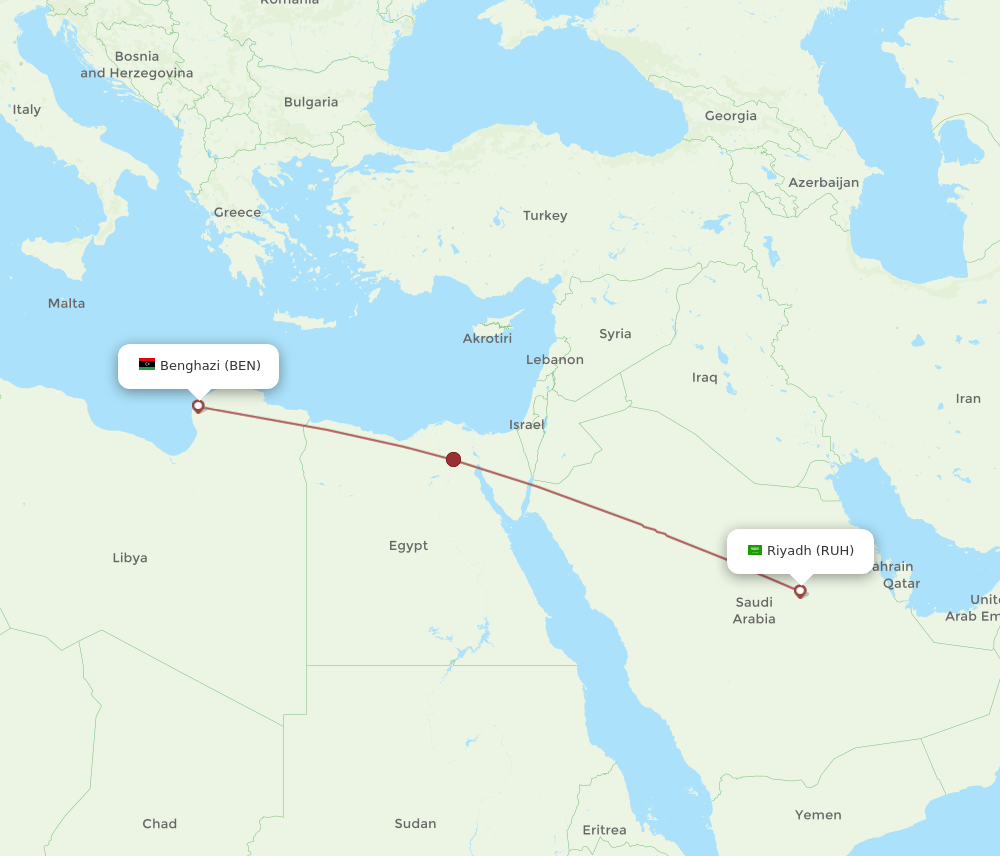 RUH to BEN flights and routes map