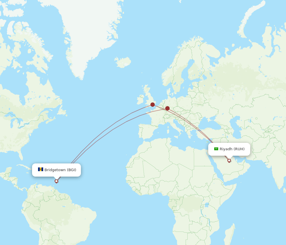 RUH to BGI flights and routes map