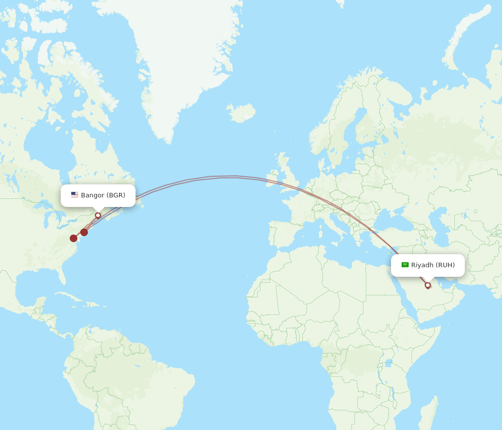 RUH to BGR flights and routes map