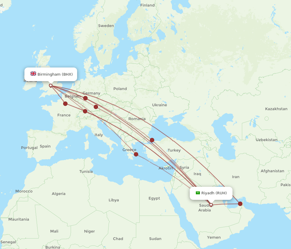 RUH-BHX flight routes