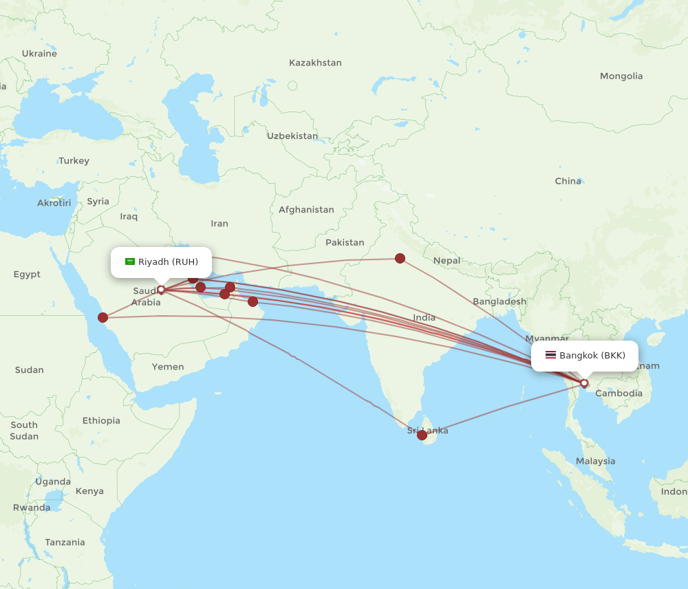 RUH to BKK flights and routes map