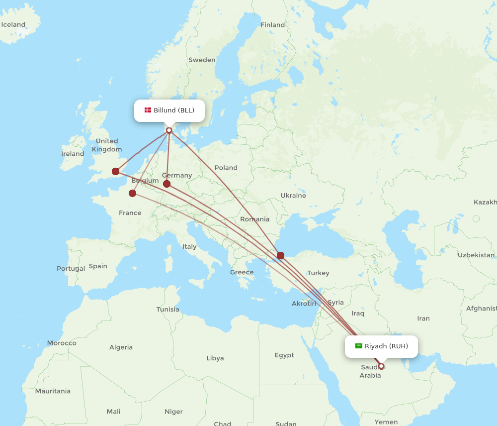 RUH-BLL flight routes