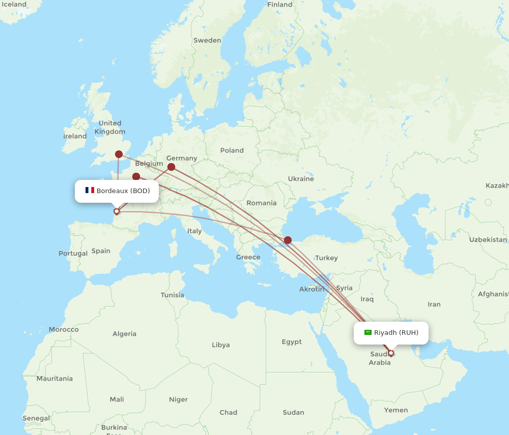 RUH to BOD flights and routes map