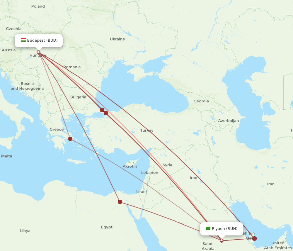 RUH to BUD flights and routes map