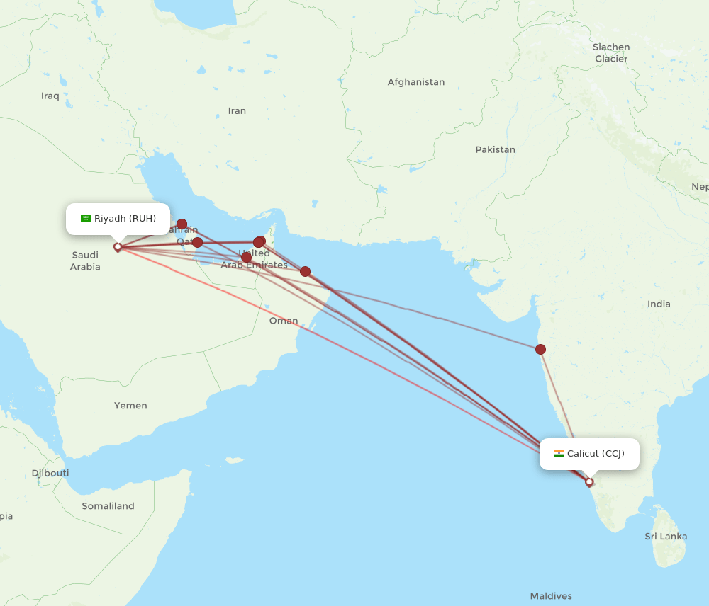 RUH to CCJ flights and routes map