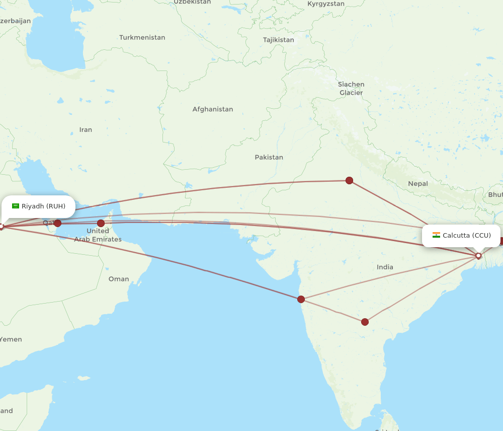 RUH to CCU flights and routes map