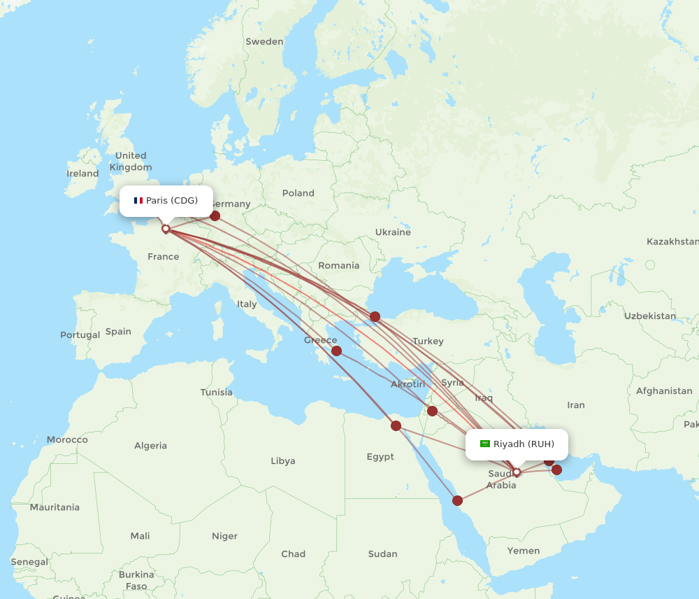 RUH to CDG flights and routes map