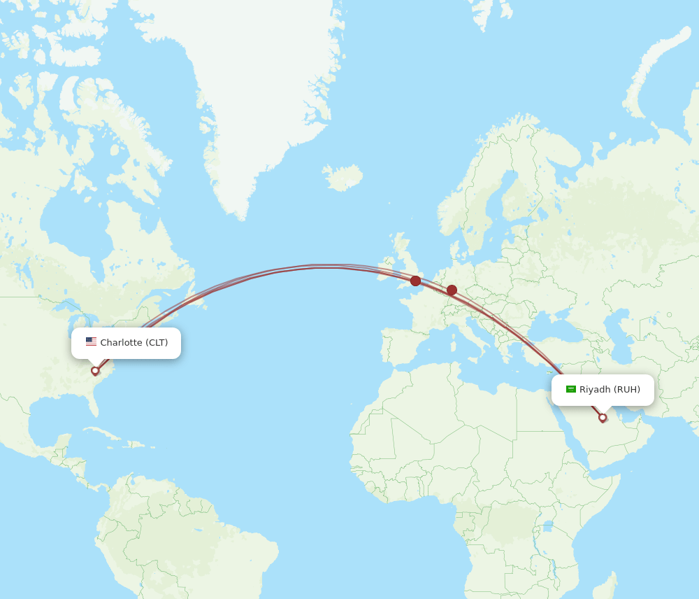 RUH to CLT flights and routes map