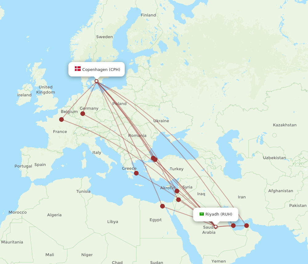 RUH to CPH flights and routes map