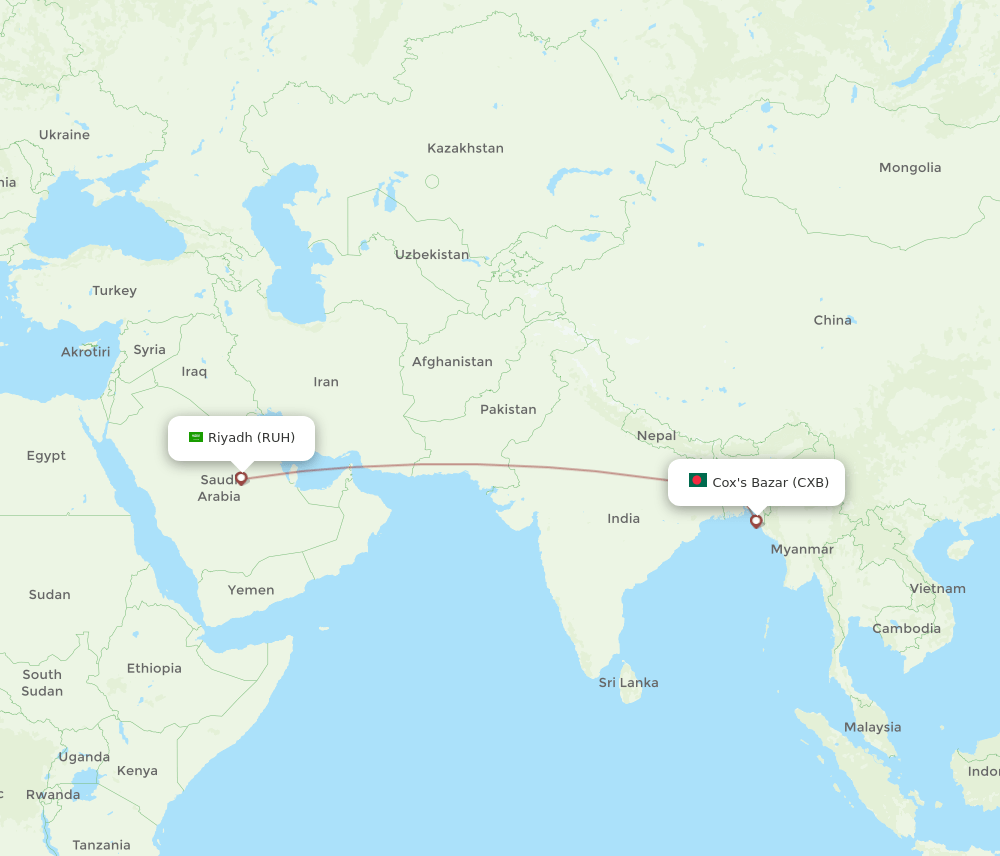 Coxs Bazar - Riyadh route map and flight paths