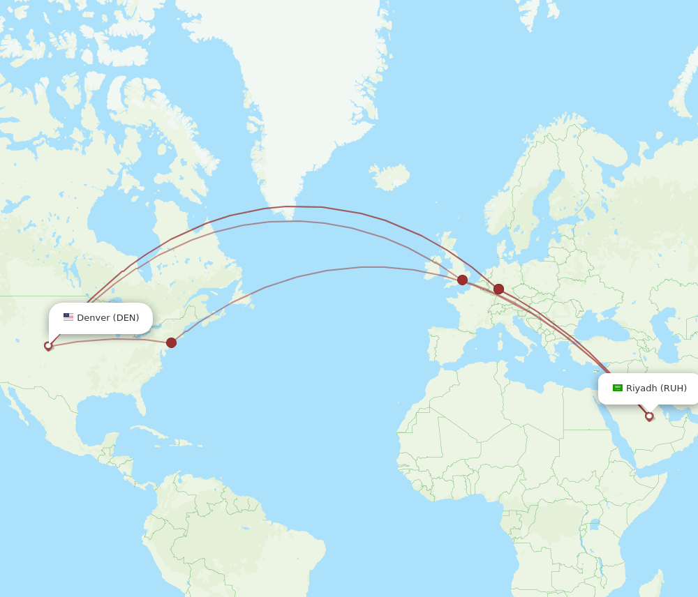 RUH to DEN flights and routes map