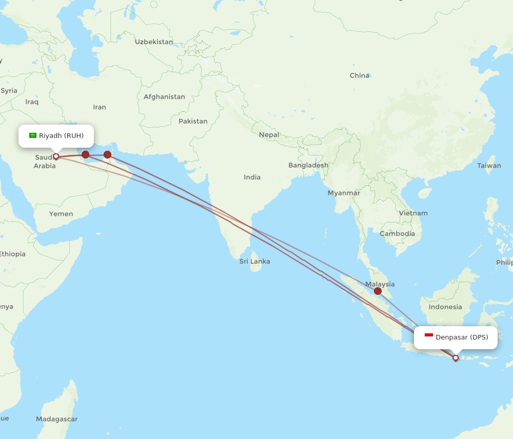 RUH to DPS flights and routes map