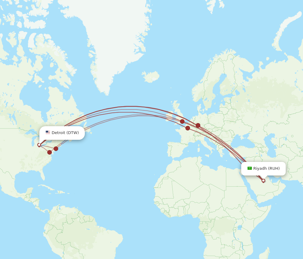 RUH-DTW flight routes