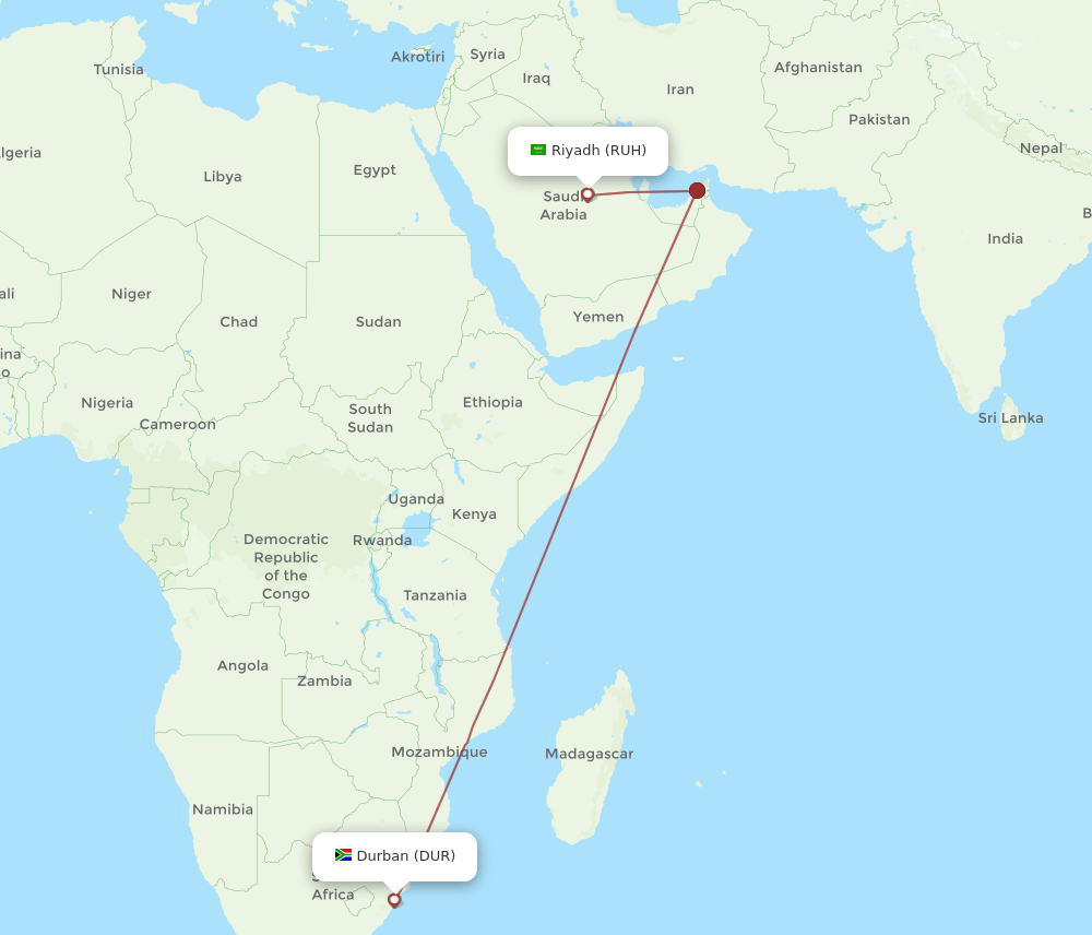 RUH to DUR flights and routes map