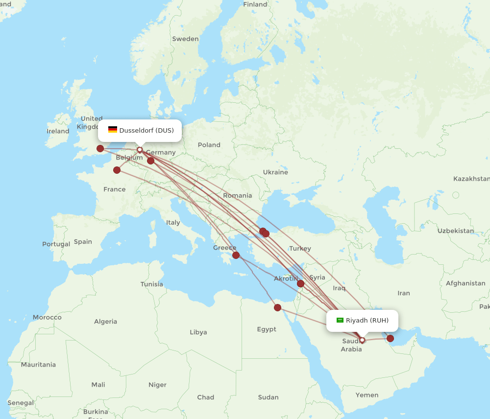 RUH-DUS flight routes