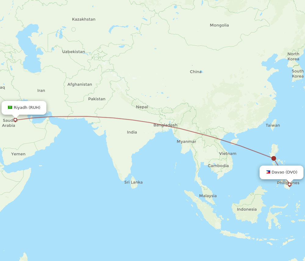 RUH to DVO flights and routes map