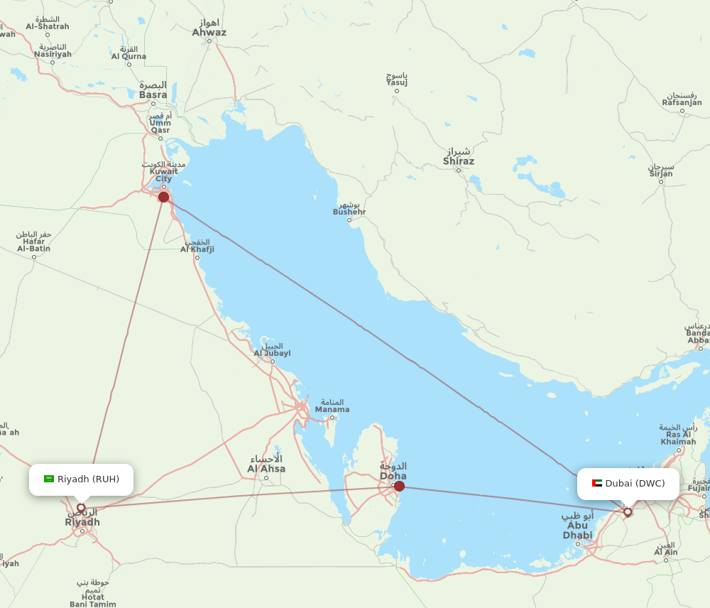 RUH to DWC flights and routes map