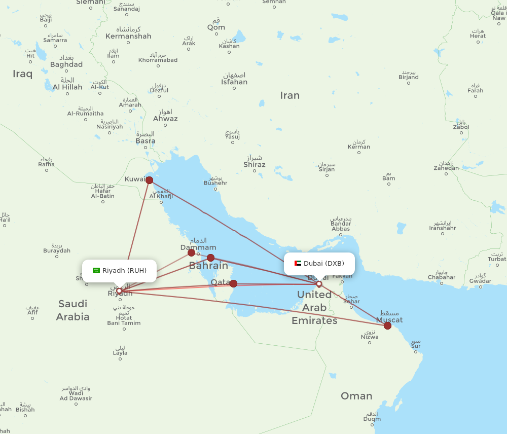 RUH to DXB flights and routes map