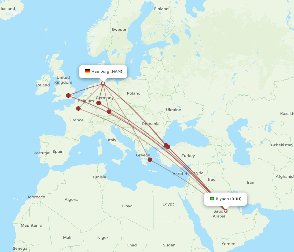 RUH to HAM flights and routes map