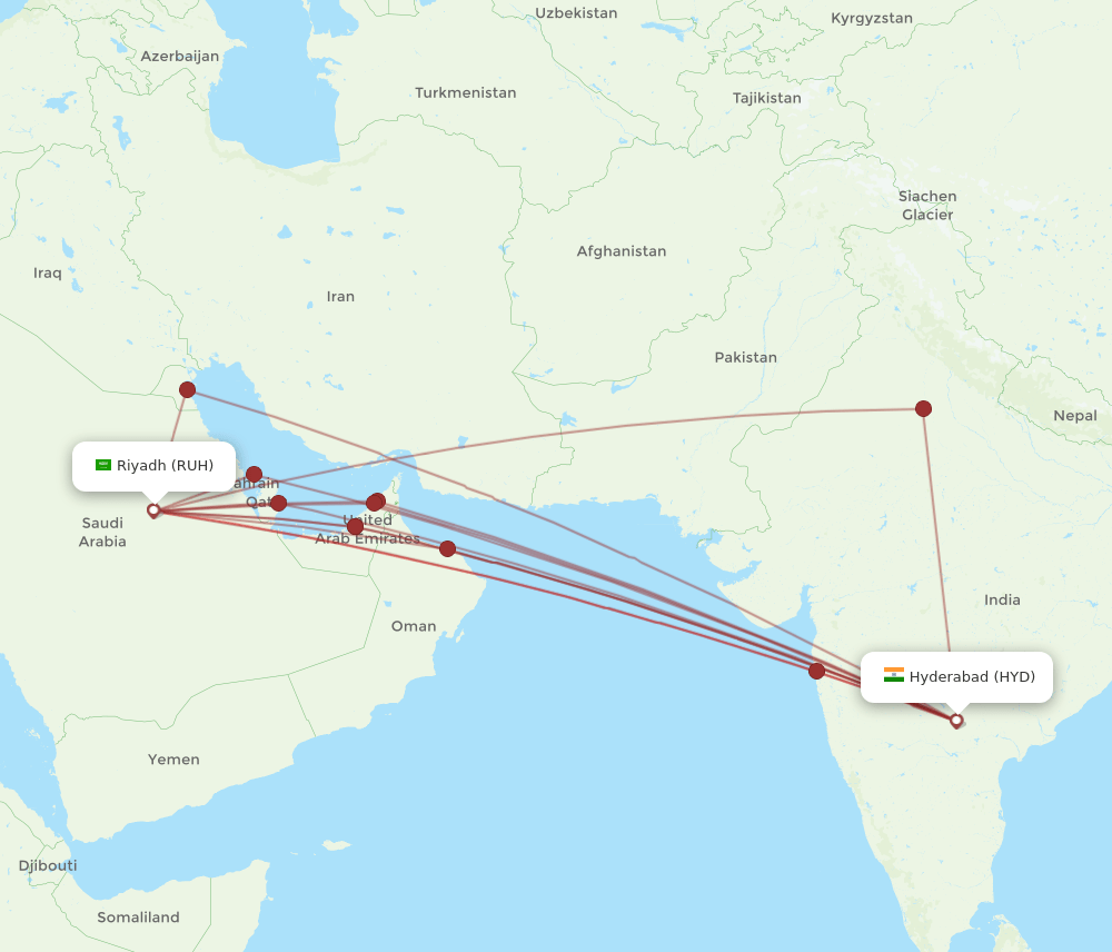 RUH-HYD flight routes