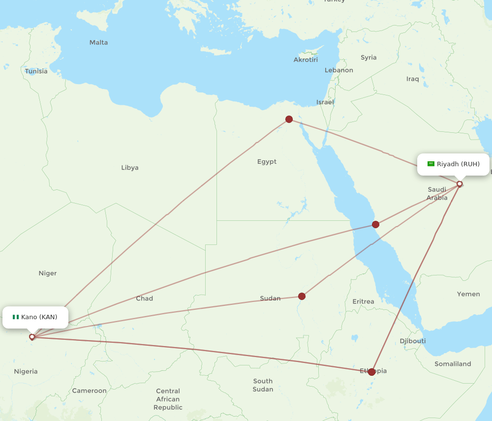 RUH to KAN flights and routes map