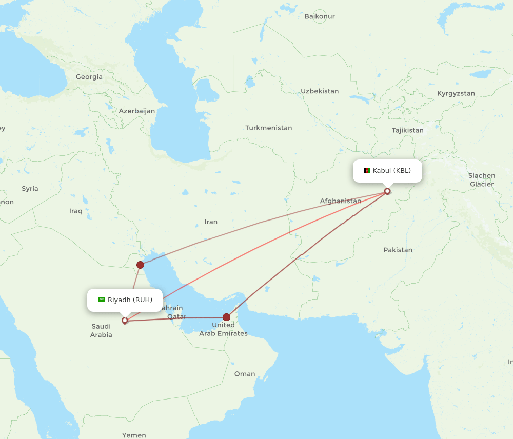 RUH to KBL flights and routes map