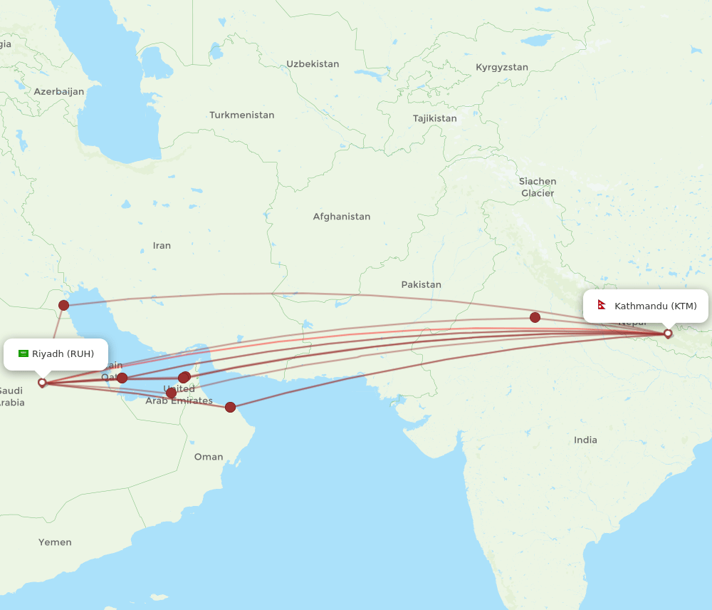 RUH-KTM flight routes