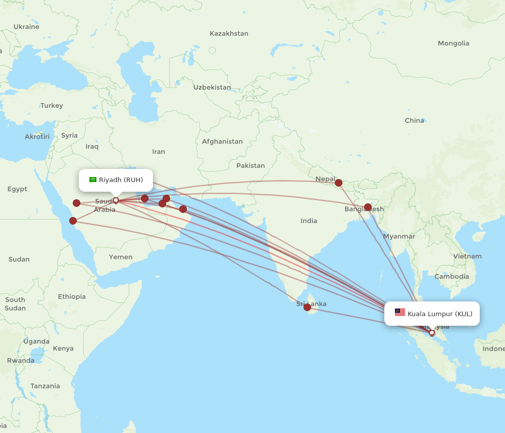 RUH to KUL flights and routes map