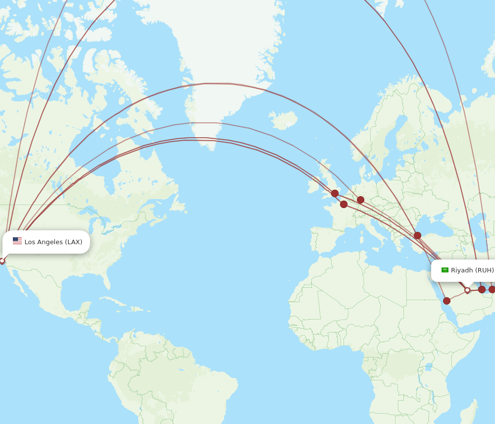 RUH to LAX flights and routes map