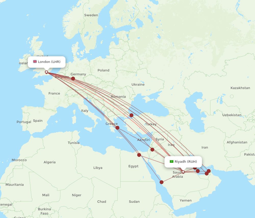 RUH to LHR flights and routes map
