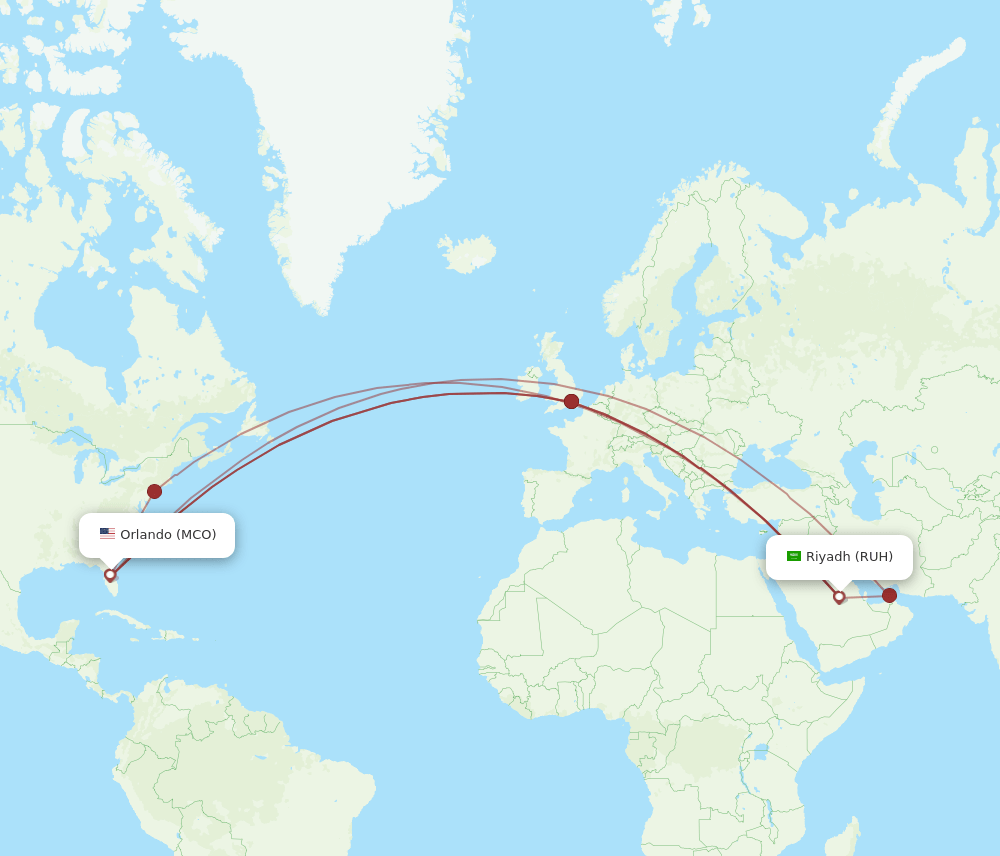 RUH to MCO flights and routes map