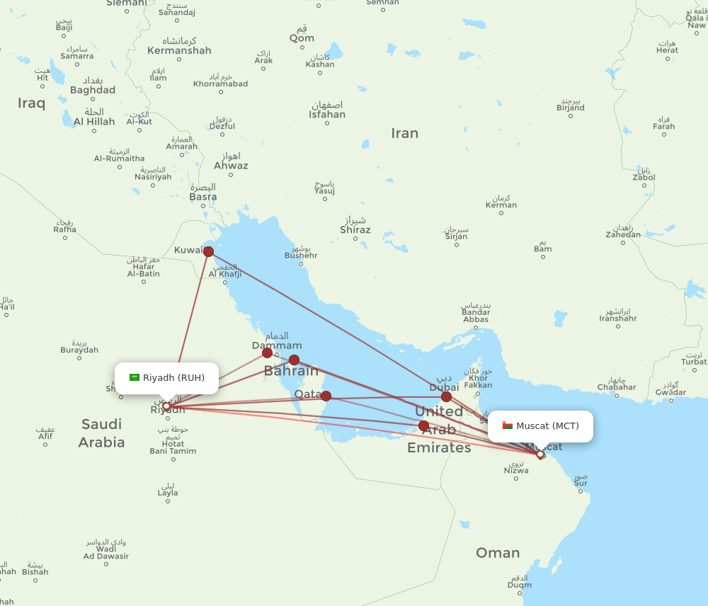 RUH to MCT flights and routes map