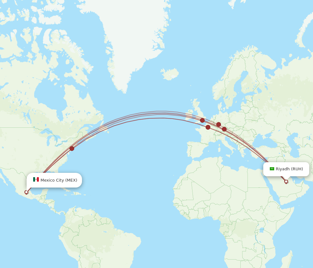 RUH to MEX flights and routes map