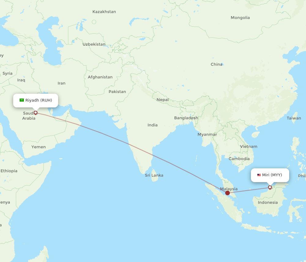 RUH to MYY flights and routes map