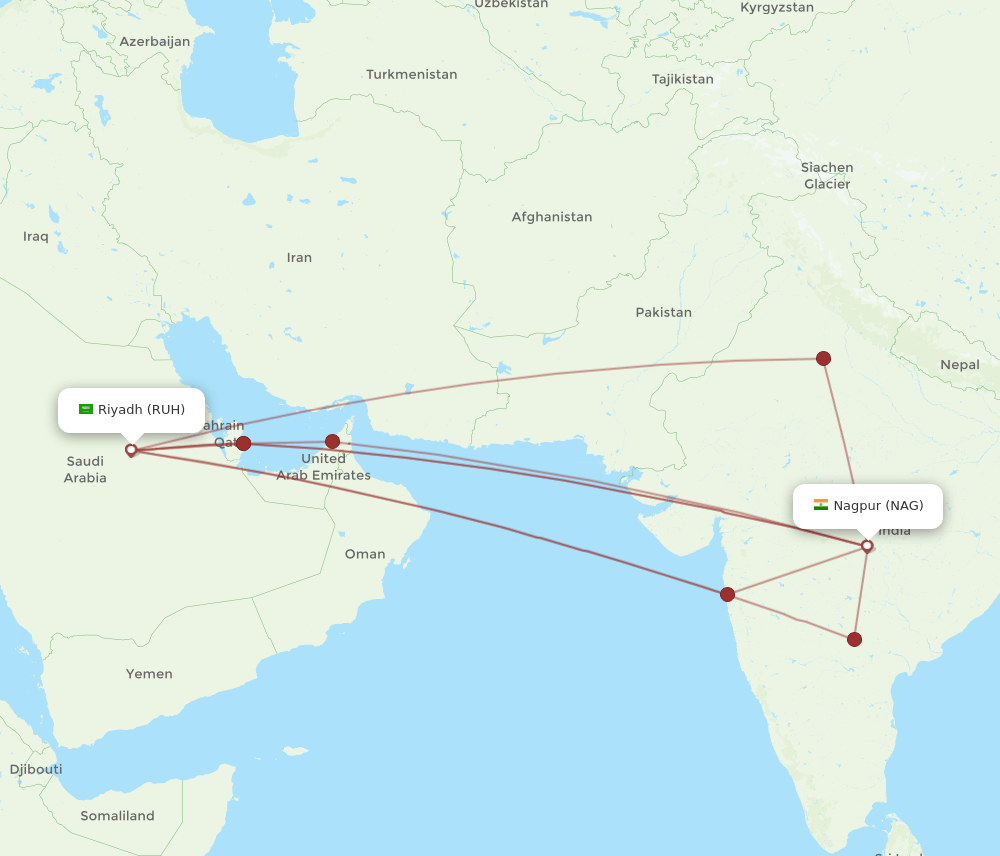 RUH to NAG flights and routes map