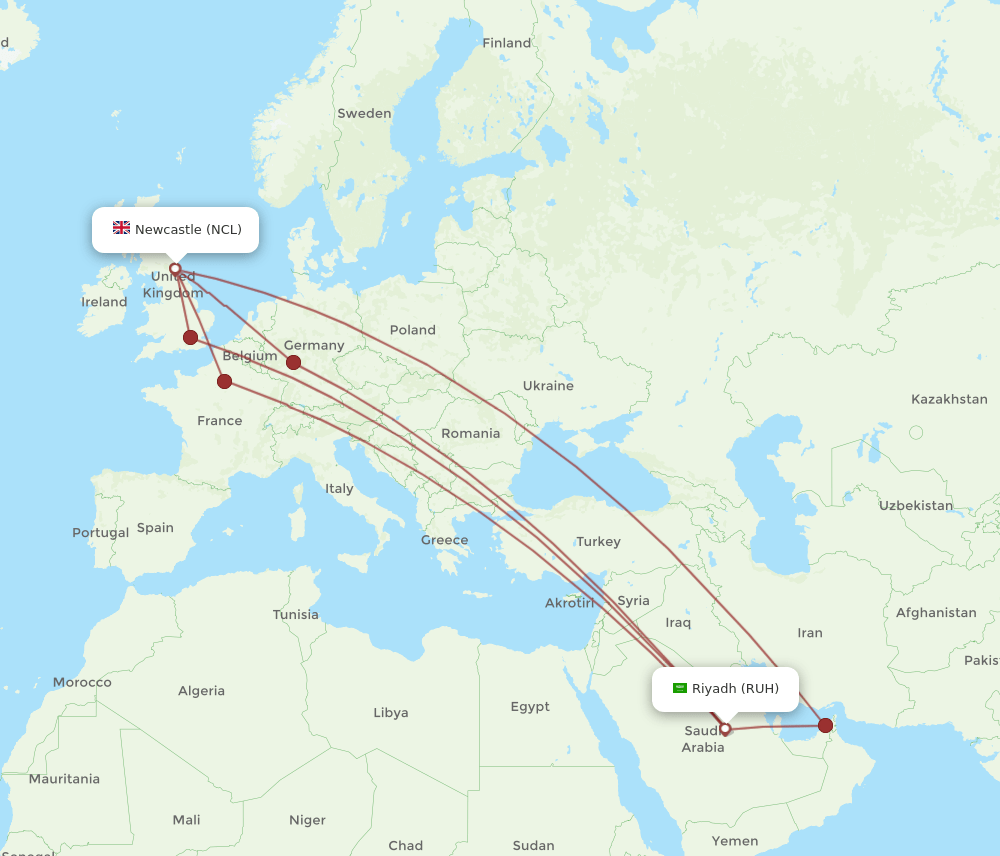 RUH-NCL flight routes