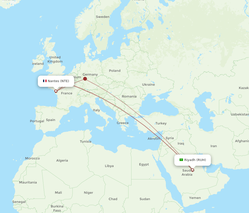 RUH to NTE flights and routes map