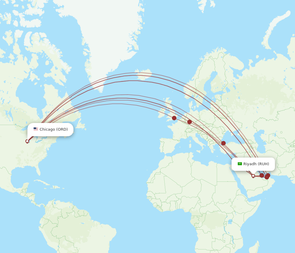 RUH to ORD flights and routes map