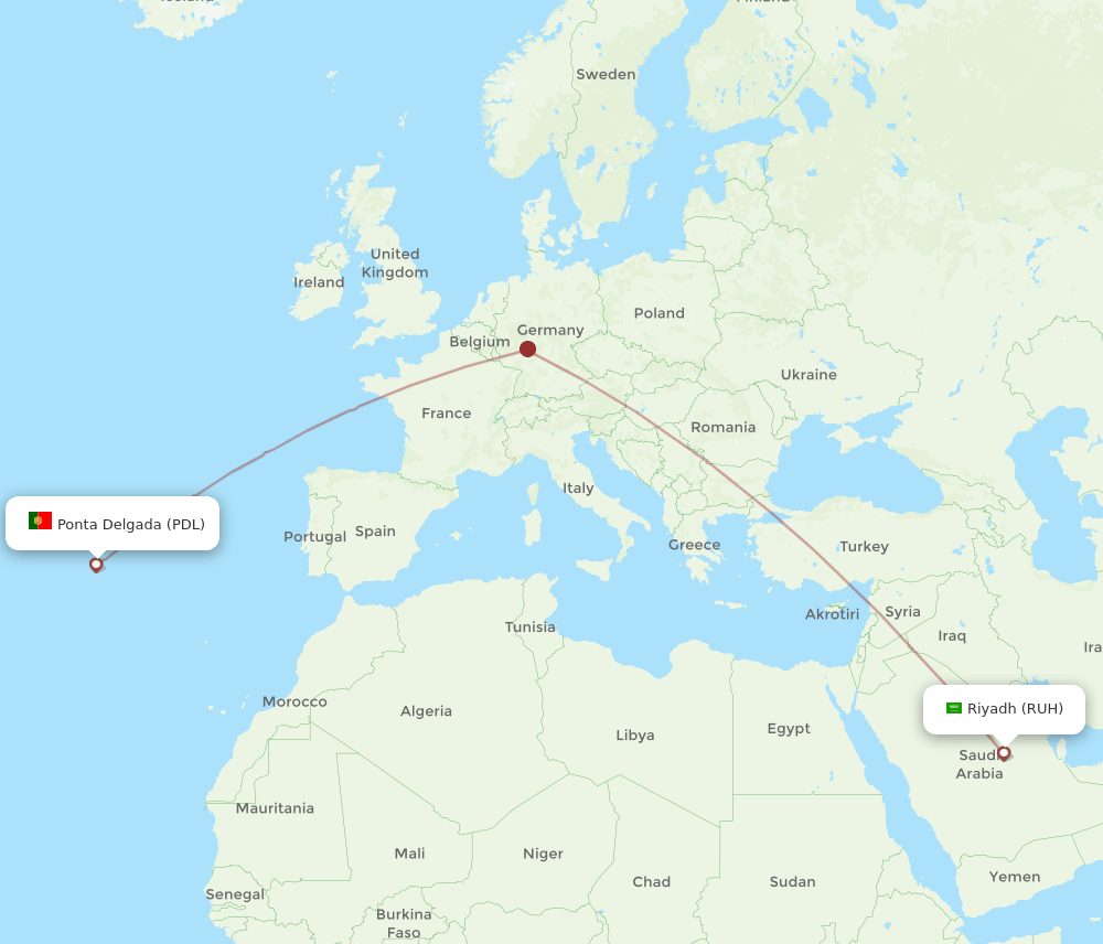 Ponta Delgada (Azores) - Riyadh route map and flight paths