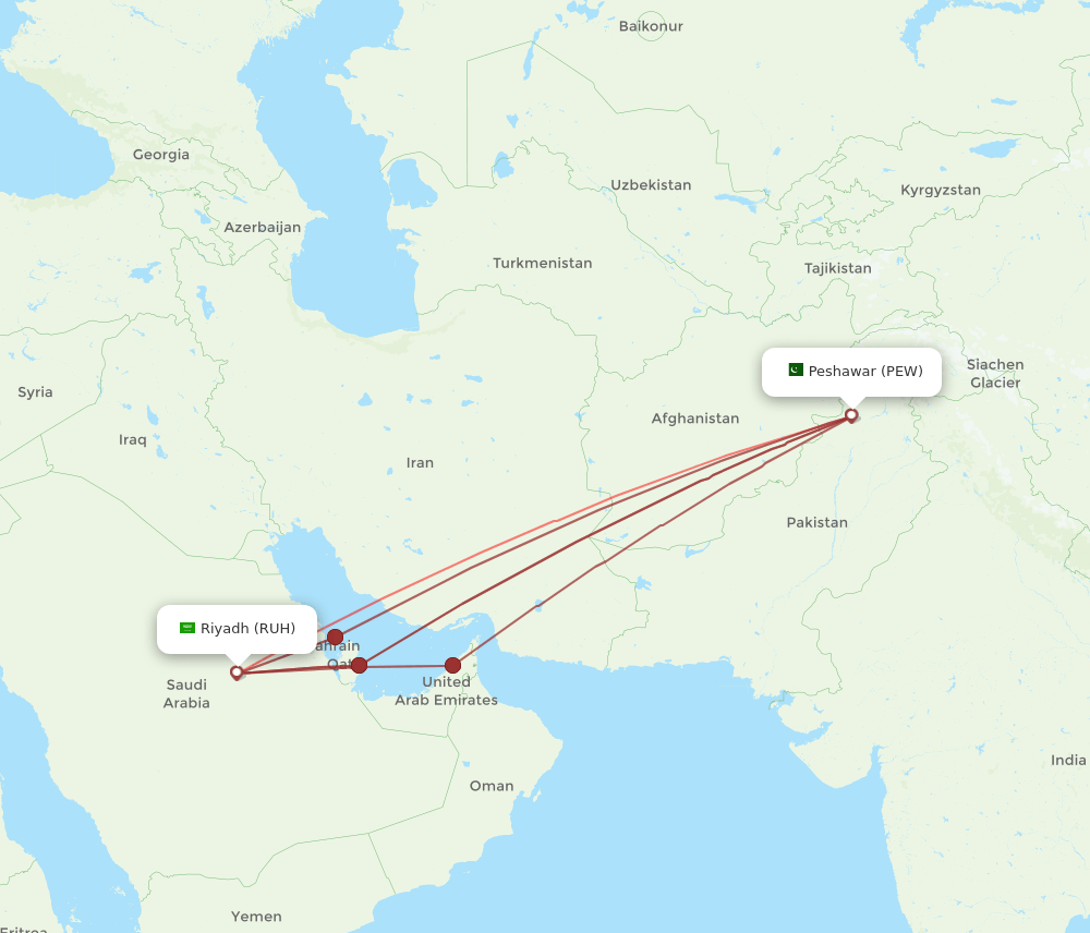 RUH to PEW flights and routes map