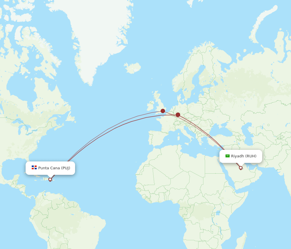 RUH to PUJ flights and routes map